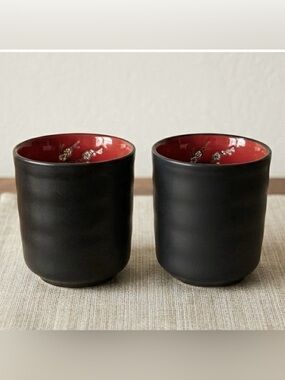 Set of 2 VISUN Sake / Tea Cups Matte Black w/ Glossy Red & Floral Branches NWOT